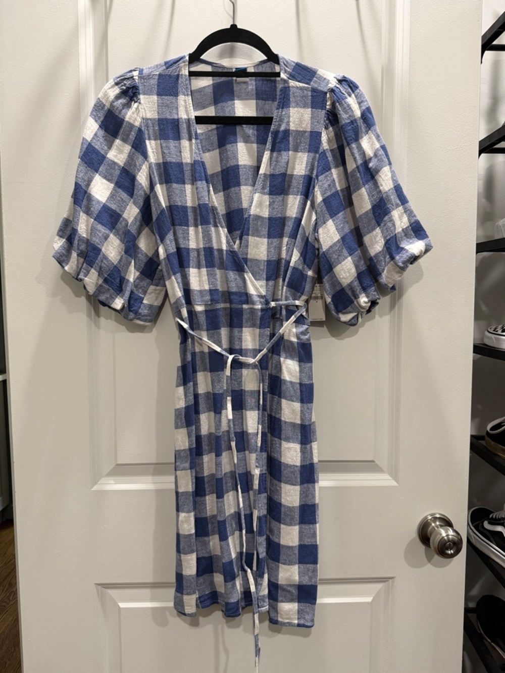 Old Navy Blue and White Gingham Mini Wrap Dress with Puff Sleeves
